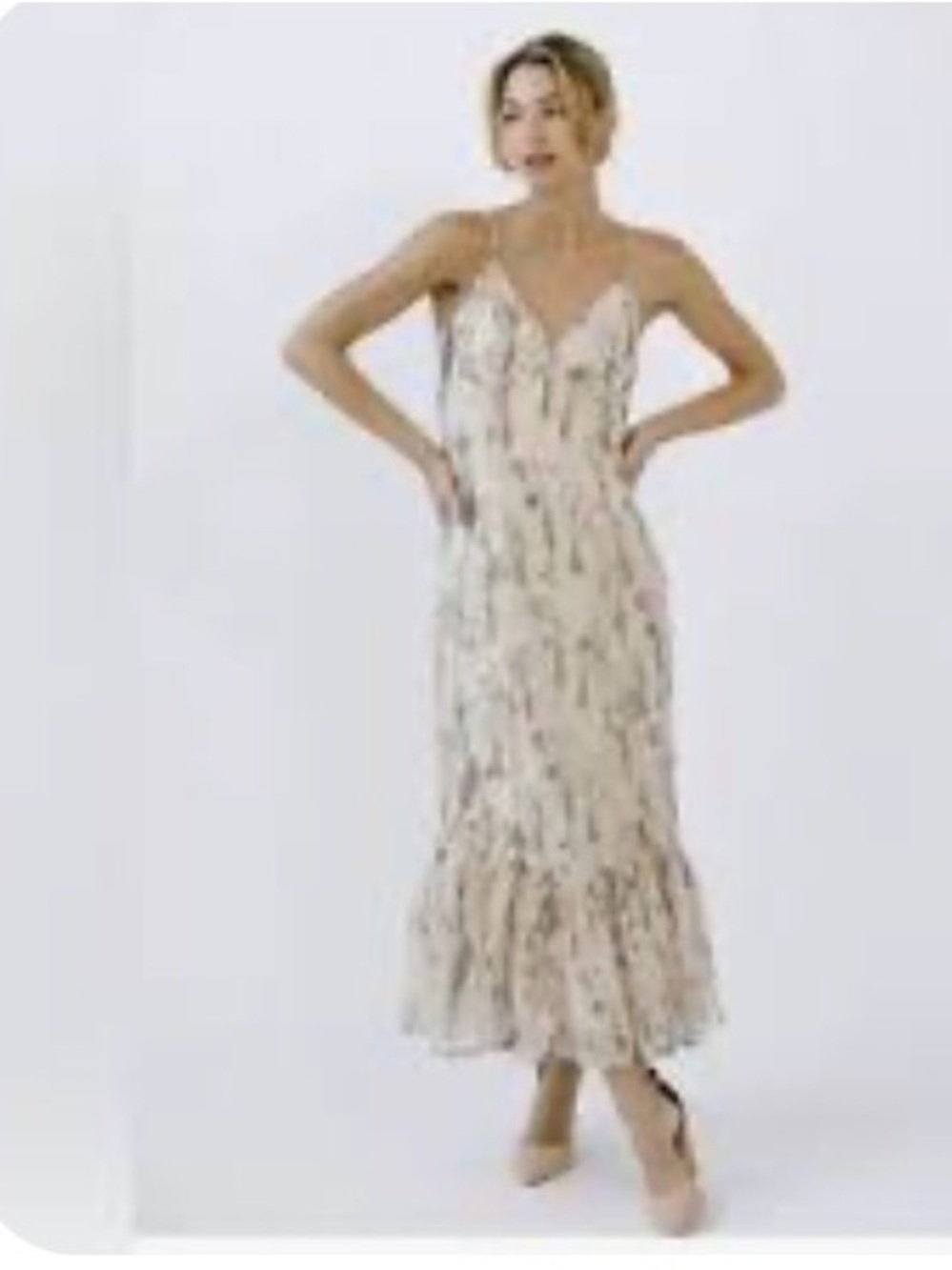 Storia Cream Floral V-Neck Spaghetti-Strap Midi Dress